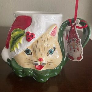Blue Sky Clay Works Ceramic Cat Christmas Mug, by Artist Heather Goldminc